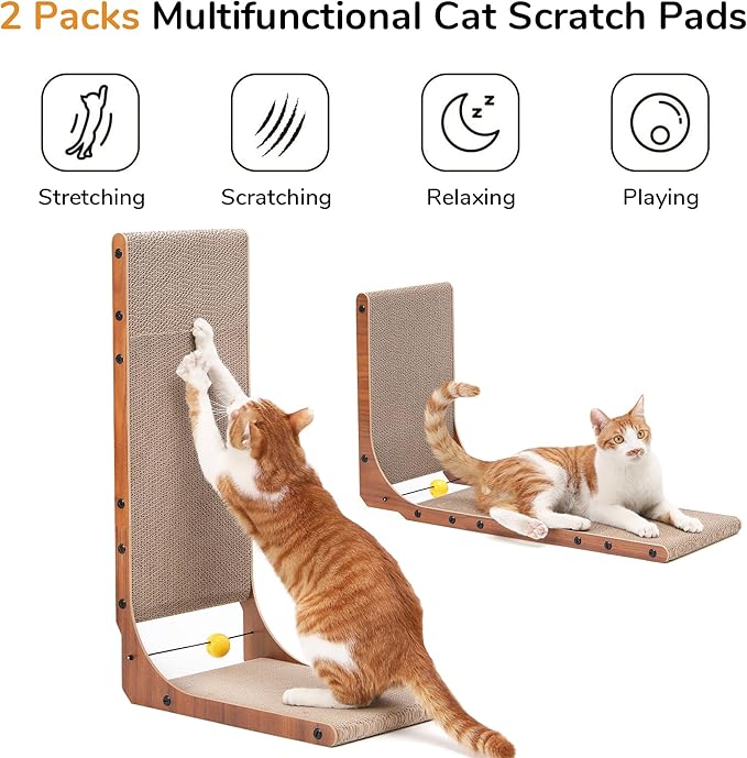 FUKUMARU Cat Scratcher, 26.8 Inch Cat Scratch Pad for Indoor Cats, L Shaped Cardboard Vertical Cats Scratching Board with Ball Toy, Walnut Color, 2 Packs-PurrikoPets