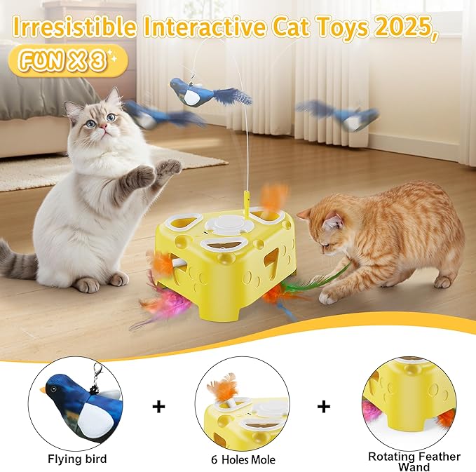 3-in-1 Interactive Cat Toy for Indoor Cats,Automatic Kitten Toys,Flying Bird,6 Holes Mole,Rotating Feather, USB Rechargeable Electronic Interactive Feather Toy for Bored Adult & Kitten Cats-PurrikoPets