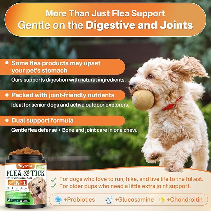 5-in-1 Dog Flea and Tick Treatment Chewable, Natural Flea and Tick Prevention for Dogs Chewable - Flea & Tick | Hip & Joint | Skin & Coat | Immunity Support | Digestive for All Breeds & Sizes-PurrikoPets