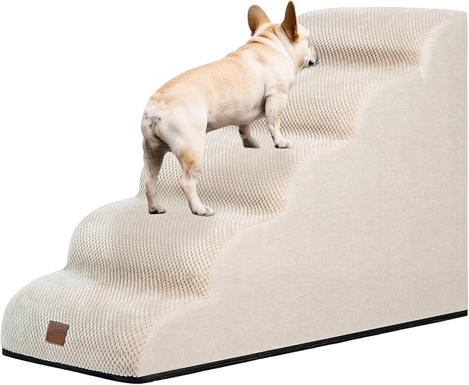 GoGoBunny Ramp Dog Stairs for High Beds 22.6" H, 5-Step Dog Slope Stairs with Durable Waterproof Fabric Cover, Pet Steps for Old Large Dogs Climbing, Non-Slip Sturdy Indoor Step, Beige-PurrikoPets