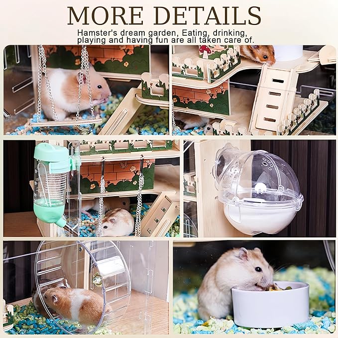 11 in 1 Wooden Hamster Cage with All Accessories, 15.8 Inch 3-Layer Dwarf Hamster Cage Acrylic,Small Animal Cages, Pastoral Style Mouse Cage for Pet Mice, Hedgehog, with Stairs, Fences and Swing-PurrikoPets