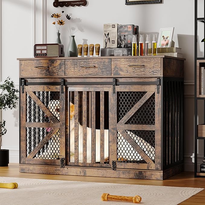 48'' Dog Crate Furniture with Removable Divider & Storage Drawers, Wooden Double Dog Cage TV Stand with 2 Sliding Barn Doors, Multi-Functional Dog Crate End Table for Indoor use (Retro Brown)-PurrikoPets