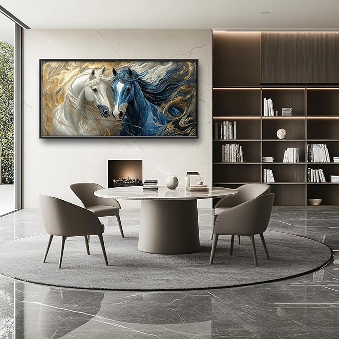 Framed Large Horse Wall Art for Living Room, Oversized Abstract Horses Wall Decor Blue and Golden Canvas Painting Animal Pictures Modern Artwork for Living Room Bedroom Office 60"x30"-PurrikoPets