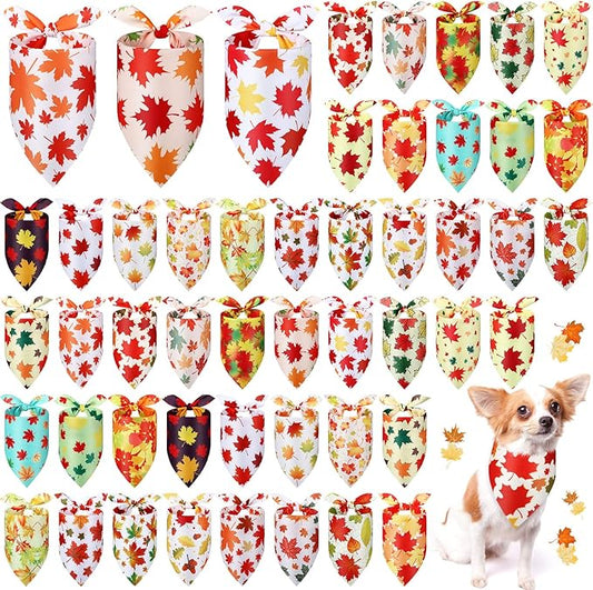 Abbylike 50 Pcs Fall Dog Bandana Bulk Maple Leaves Bandana for Dogs Triangle Kerchief Bibs Scarf for Small Medium Large Pet Autumn Thanksgiving Costume Accessories, 25 Styles (31.5 x 21.7 x 21.7 Inch)-PurrikoPets