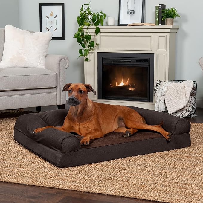 Furhaven Orthopedic Dog Bed for Large Dogs w/ Removable Bolsters & Washable Cover, For Dogs Up to 95 lbs - Sherpa & Chenille Sofa - Coffee, Jumbo/XL-PurrikoPets