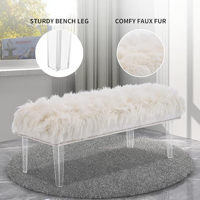 46 Inch White Bedroom Bench, Benches for Bedroom White Faux Fur Upholstered Bed end Bench, Tufting Ottoman Bench Indoor Bench with Acrylic Legs for Living Room Bedroom Entryway-PurrikoPets