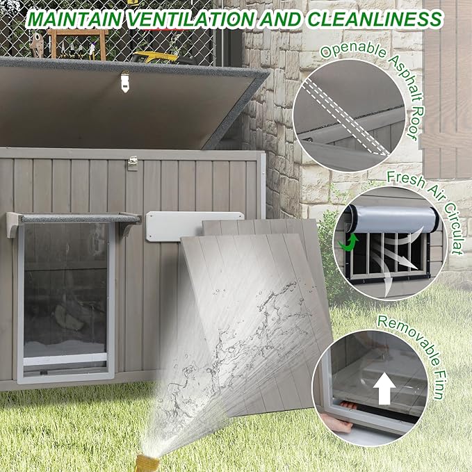 Dog House Outdoor Weatherproof & Wooden Dog Kennel with Chew-Proof Iron Frame，Removable Floor, Adjustable Vent Window, Easy Assembly for Large and Medium Dogs 43.3" D x 29.5" W x 33.5" H-PurrikoPets