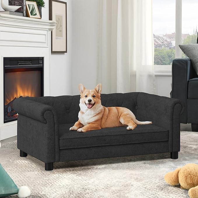 Dog Sofa Couch for Medium to Large Dogs, Memory Foam Pet Sofa Couch with Washable Fabric, Durable Elevated Dog Bed with Legs, Removable Cushion for Medium and Large Dogs, Black-PurrikoPets