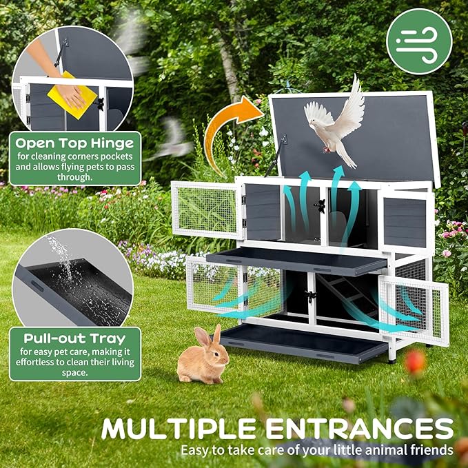 2 Story Solid Wood Rabbit/Bunny Hutch with 2 Large Main Rooms, Indoor Outdoor Rabbit House Guinea Pig Cage Pet House for Small Animals with Ventilation Door Removable Tray Waterproof Roof (Grey)-PurrikoPets