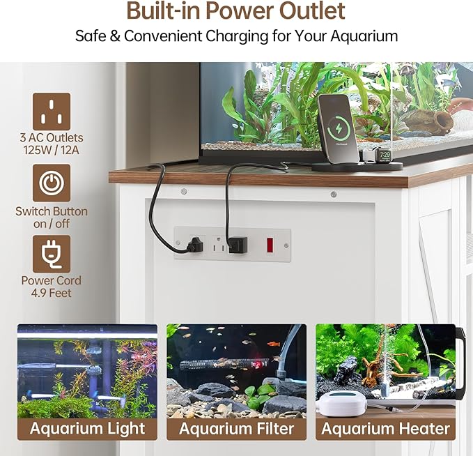 55-75 Gallon Fish Tank Stand with Power Outlet & Adjustable Shelf, Heavy Duty Aquarium Stand with Cabinet Storage for Fish Tank, Turtle Tank, Reptile Terrarium, 1000LBS Capacity, White-PurrikoPets