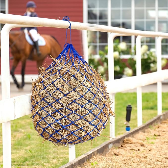 Fabbay 4 Pcs Slow Feed Hay Net Feeder Hay Bag for Horses Slow Feeder 40 Inch Length with 2 Inch Holes Hanging Horse Feed Net for Goat Cattle Equine Stalls Barn Supplies(Blue)-PurrikoPets