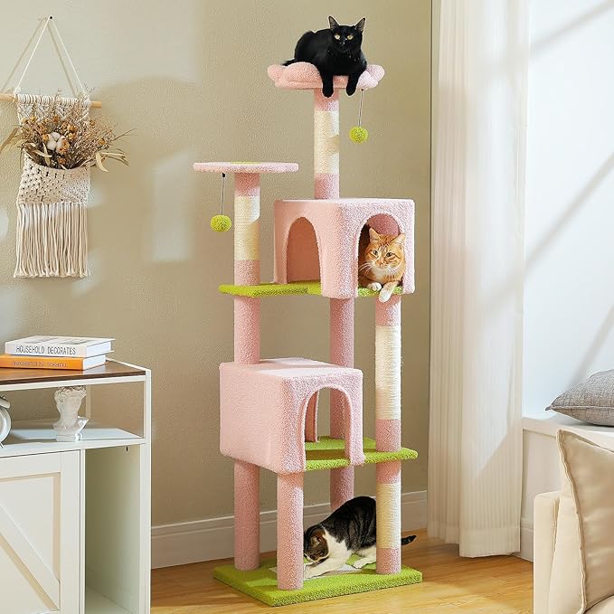 Flower Cat Tree, 62-Inch Tall Multi-Level Cat Tower with Scratching Posts for Large Indoor Cats, Plush Bed w/Padded Perches, Scratching Pad & 2 Green Pompoms, Pink-PurrikoPets