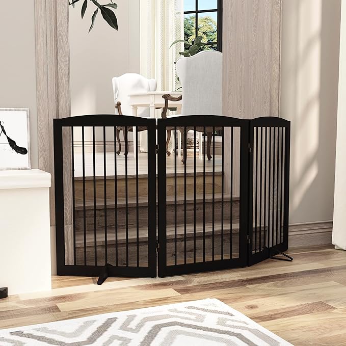 Freestanding Pet Gate for Dogs, Foldable Wooden Dog Gate for House Indoor, Tall Pet Fence for Stair, Doorway,Hall, Support Feet Included, 3 Panels 32",Brown-PurrikoPets