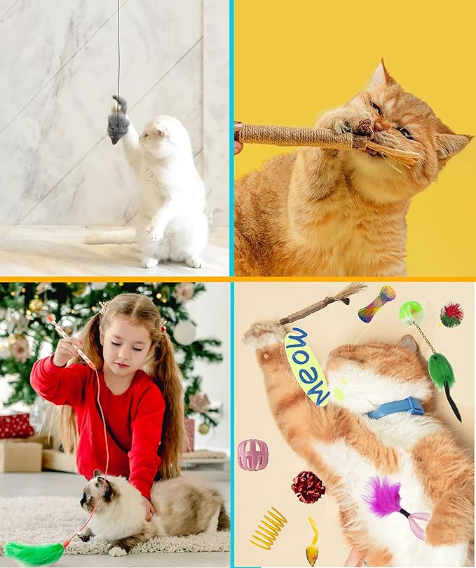 Fashion's Talk Cat Toys 50 Pcs for Indoor Cats,Interactive Door Hanging Mice Feather Toy Cat Spring Toy Cat Wand Catnip Crinkle Balls Silvervine Sticks Balls Kitten Toys Bulk-PurrikoPets