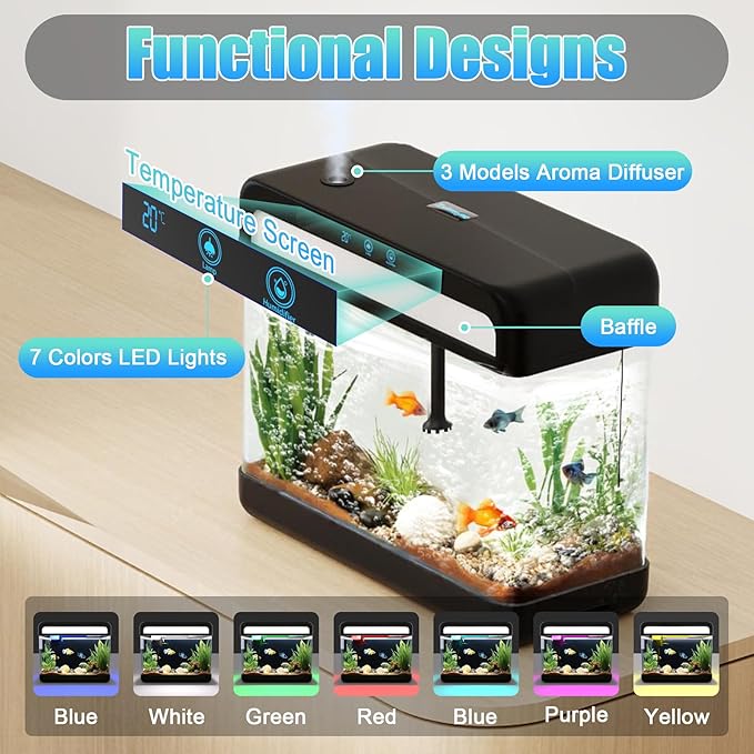 Fish Tank 3 Gallon Smart Aquarium Kits with Silent Water Pump,Self Cleaning System,7 Color Lights,Temperature Display, Aromatherapy, Advanced Filtration for Small Fish Kids Room Desktop Decor-PurrikoPets