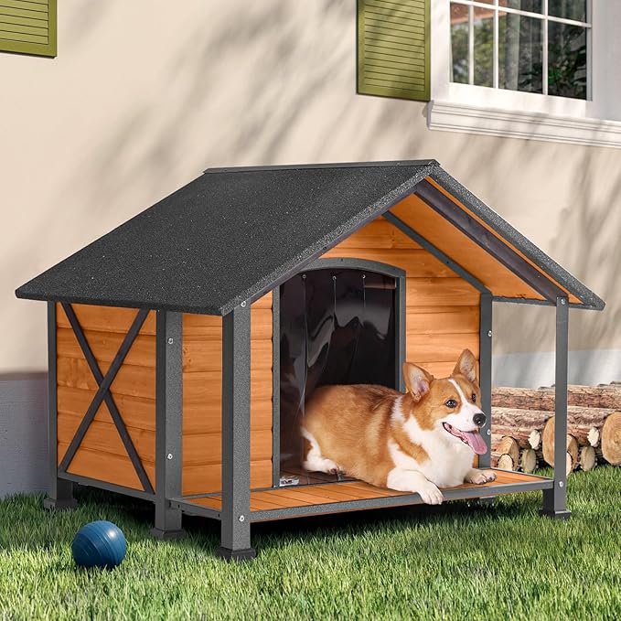 Dog House Outdoor & Indoor Unique All-Around Iron Frame Dog Kennel for Winter with Raised Feet for Small & Medium & Large Dogs,Weatherproof Roof (40.6 “L×34.3”W×31.5“H)-PurrikoPets