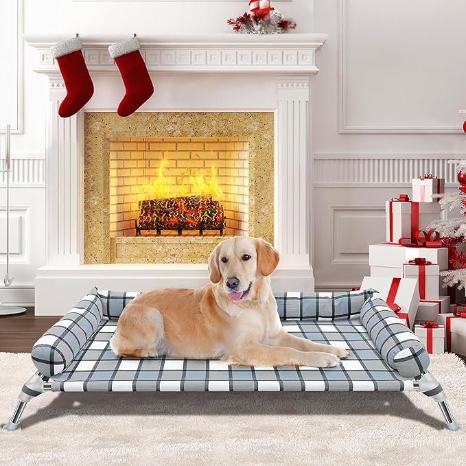 Elevated Raised Dog Bed Cot - Cooling Raised Dog Bed with Bolster Portable Washable Pet Hammock with Pillows & Metal Frame for Indoor & Outdoor, Large-PurrikoPets