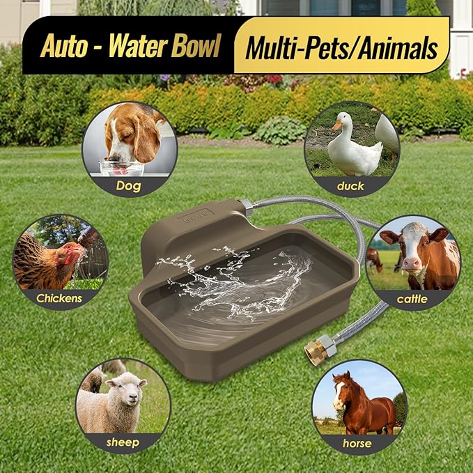 135OZ Automatic Water Dispenser for Dogs Patented Automatic Dog Water Bowl Fit 3/4'' GHT Male Faucet Outdoor Large Dog Water Bowl Include Water Hose Copper Connector Large Drinking Area Brown-PurrikoPets
