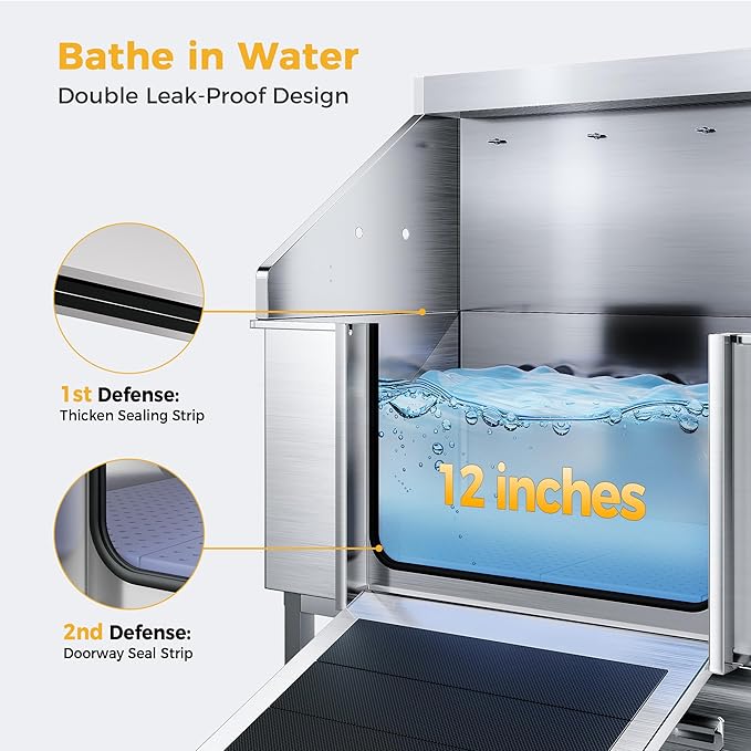 50" Dog Washing Station - 304 Stainless Steel, 27.4" Wide Ramp, Water-Storing Dog Bathing Station w/Swivel Wheels, Pet Proof Faucet, 2 Drawers, Dog Bathtub for Medium & Small Dogs-PurrikoPets