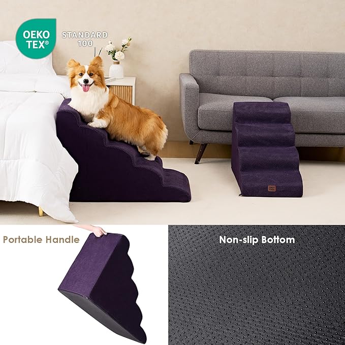 EHEYCIGA Curved Dog Stairs Ramp for High Beds 22.6" H, 5-Step Dog Steps for Small Dogs and Cats, Pet Stairs for High Bed Climbing, Non-Slip Balanced Pet Step Indoor, Purple-PurrikoPets