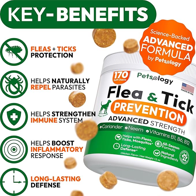 Flea and Tick Prevention for Dogs Pills - Natural Dog Flea & Tick Control - 170 Soft Chewables - Oral Defense Treatment for Dogs Supplement - Vet Formulated Chews - All Breeds & Ages - Made in USA-PurrikoPets