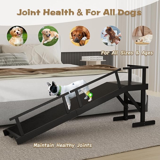 61" Dog Ramp for Bed, Pet Ramp with Removable Side Rail and Non-Slip Surface, Pet Ramp for Small & Large & Senior Dogs with Rest Platform and DIY Glow Strips,Dog Stairs for Couch,Black-PurrikoPets