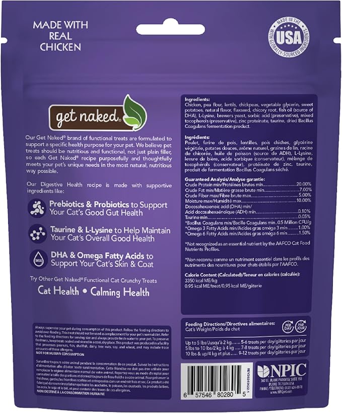 Get Naked Digestive Health Crunchy Cat Treats 6oz - Chicken Flavor, Grain-Free Cat Probiotics for Indoor Cats, Supports Healthy Digestion, Dental Health & Immunity, Made in The USA-PurrikoPets