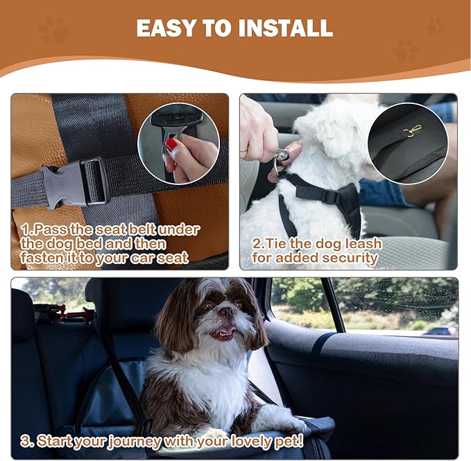 2 and 1 Center Console Dog Car Seat & Carrier for Small Dogs, Large Leather Dog Car Bed with Storage Pocket, Waterproof PVC Leather Seat Travel Bed for Front & Back Seat, Clip-On Safety Leash-PurrikoPets