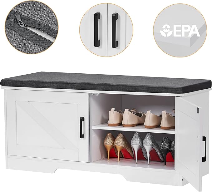 2-Tier Storage Bench, Shoe Bench with Padded Seat Cushion, Entryway Bench with 2 Barn Doors, Adjustable Shelf, 13.8" D x 39.4" W x 17.7" H, for Entryway, Living Room, Bedroom, White-PurrikoPets