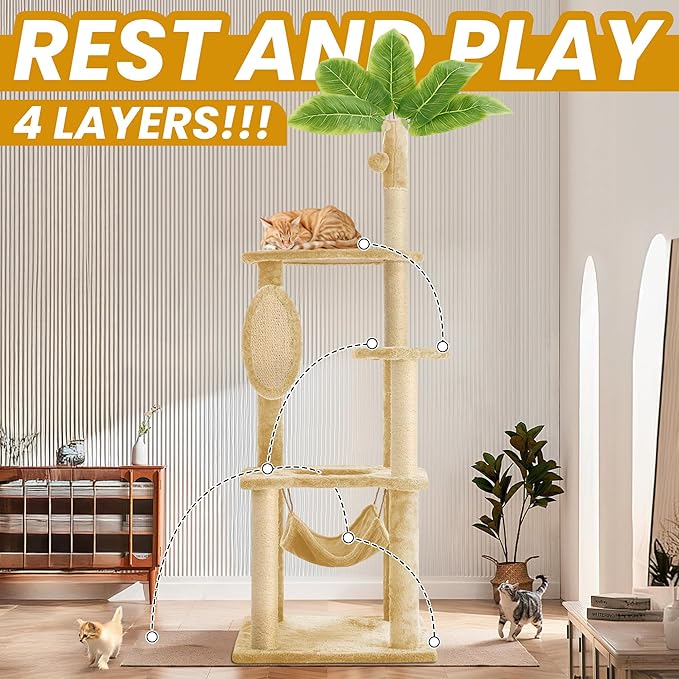 55 Inch Large Cat Tree Tower for Indoor Cats with Hammock Green Leaves Sisal Scratching Post, Plush Hang Ball Play Furniture for Kittens & Adult Cats, New Beige-PurrikoPets