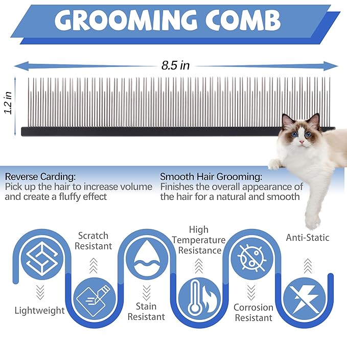 8.5 Inch Upgrade Black Professional Cat Comb,Dual-Tooth Pet Grooming Comb Anti-Static Smooth Rounded Corners Prevent Friction Breakage and Irritation,Removing Tangles,Knots,Undercoat and Excess Hair-PurrikoPets