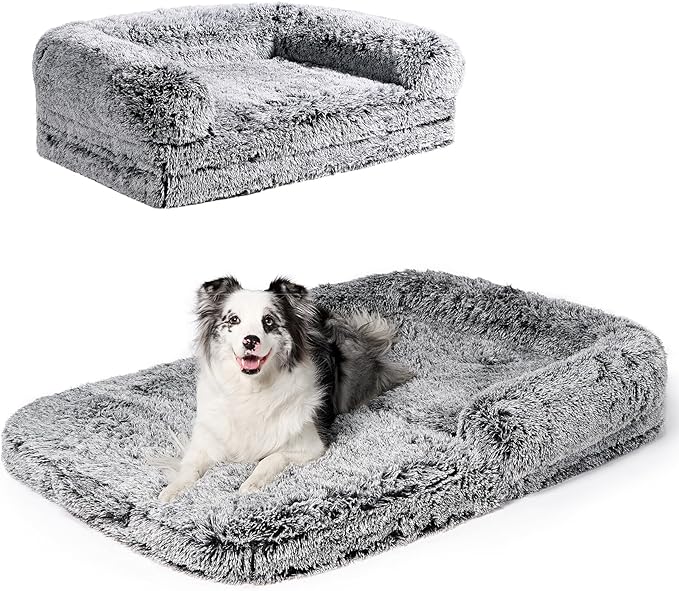 EHEYCIGA Foldable XXL Dog Bed, Faux Fur Fluffy Pet Couch Bed for Extra Large Dogs, Orthopedic Calming Memory Foam Pet Bed, Washable Soft Pet Sofa Bed with Non-Slip Bottom, Faded Black, 54"x38"x7.5"-PurrikoPets