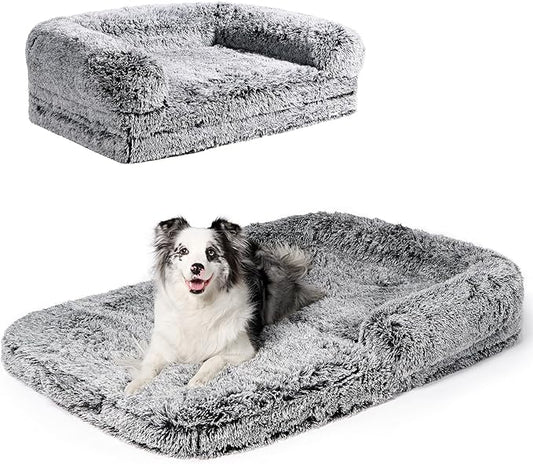EHEYCIGA Foldable XXL Dog Bed, Faux Fur Fluffy Pet Couch Bed for Extra Large Dogs, Orthopedic Calming Memory Foam Pet Bed, Washable Soft Pet Sofa Bed with Non-Slip Bottom, Faded Black, 54"x38"x7.5"-PurrikoPets