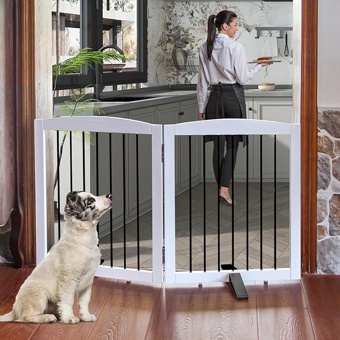 Freestanding Panel Gate for Indoor Doorways, Stairs, or Hallways, Foldable Wooden Gate for Dogs, Support Feet Included, 24" Height - 2 Panels, White-PurrikoPets