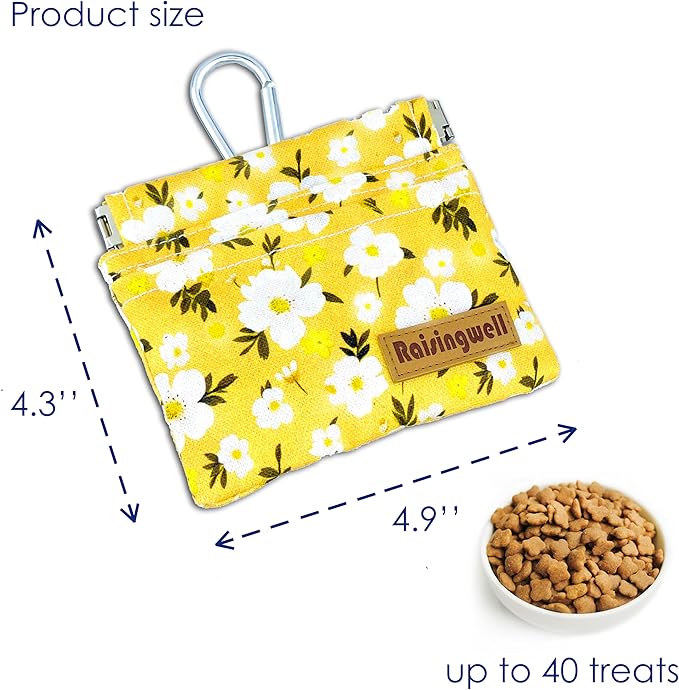 Dog Treat Pouch, Pocket Sized Pet Training Pouch, Cotton Fabric, Hand Free Yellow Flower Dog Walking Bag with Carabiner, Self-Closing Pet Feed Snack Reward, for Puppy Travel or Outdoor Use-PurrikoPets