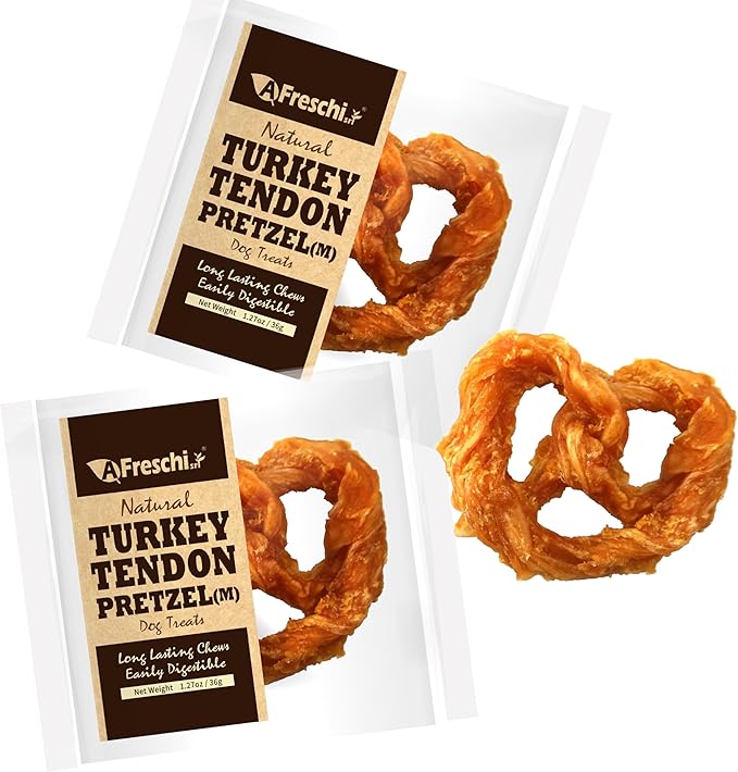 Afreschi Natural Turkey Tendon Pretzel (M) Pack of 2, Dog Treats for Signature Series, All Natural Human Grade Dog Chew, USA-Sourced Turkey Tendon, Hypoallergenic, Rawhide Alternative-PurrikoPets