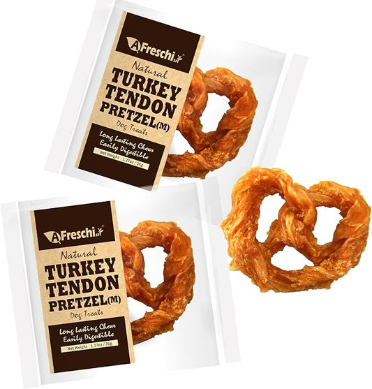 Afreschi Natural Turkey Tendon Pretzel (M) Pack of 2, Dog Treats for Signature Series, All Natural Human Grade Dog Chew, USA-Sourced Turkey Tendon, Hypoallergenic, Rawhide Alternative-PurrikoPets