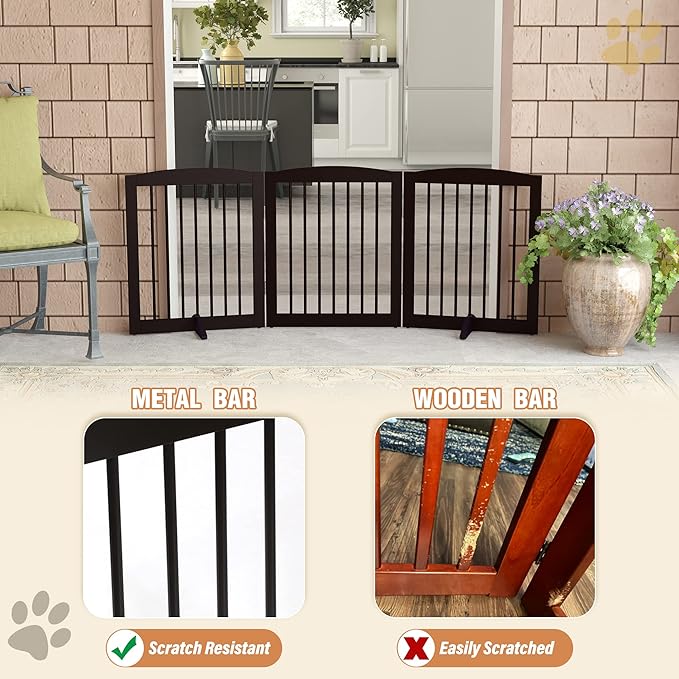 Freestanding Pet Gate for Dogs, Foldable Wooden Dog Gate for House, Indoor Dog Gate for Doorways, Stairs, Gates for Dogs Indoor, Support Feet Included, 24" Height 3 Panels, Brown-PurrikoPets