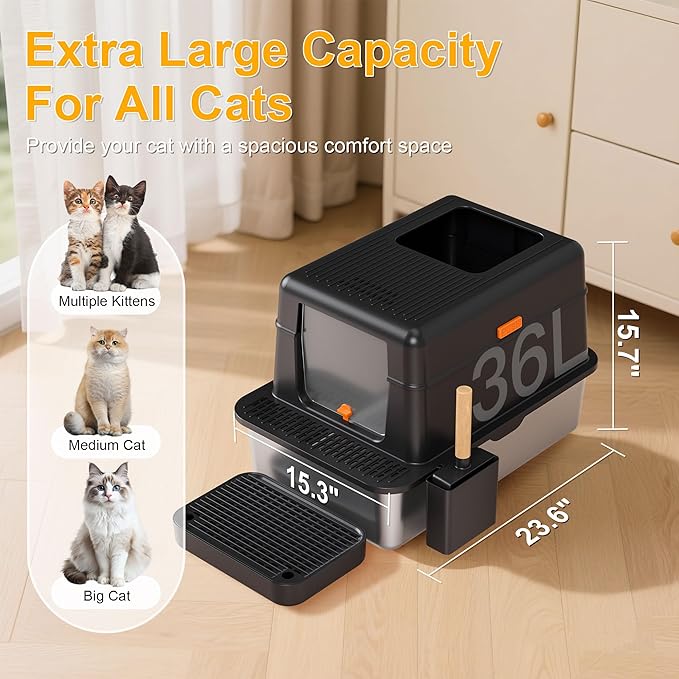 Enclosed Stainless Steel Litter Box with Lid, 20L Metal Enclosed Litter Box for Big Cat, Flip-Top Design with Anti-Leakage High Sides, Cat Lovers Gifts（Black）-PurrikoPets