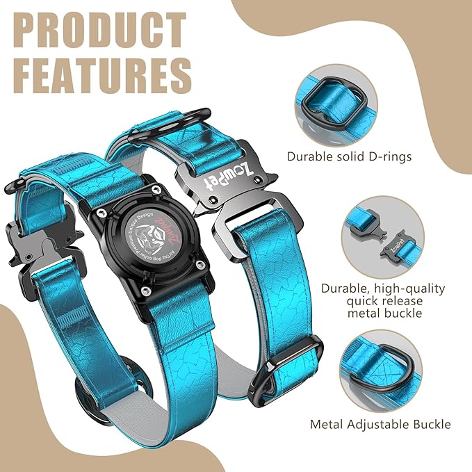 AirTag Dog Collar - Leather Dog Collar with Airtag Holder | IP68 Waterproof AirTag Holder with Metal Buckle, Comfortable GPS Dog Collars Tracker for Medium Large Dogs (Blue, M)-PurrikoPets