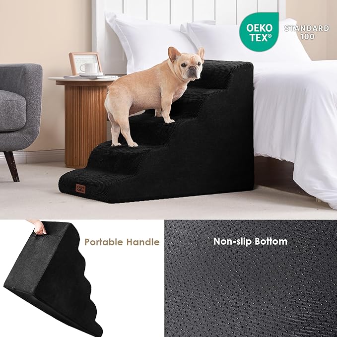 EHEYCIGA Curved Dog Stairs Ramp for High Beds, 5-Step Extra Wide Dog Steps for Small Dogs and Cats, Pet Stairs for High Bed Climbing, Non-Slip Balanced Pet Step Indoor, Black-PurrikoPets