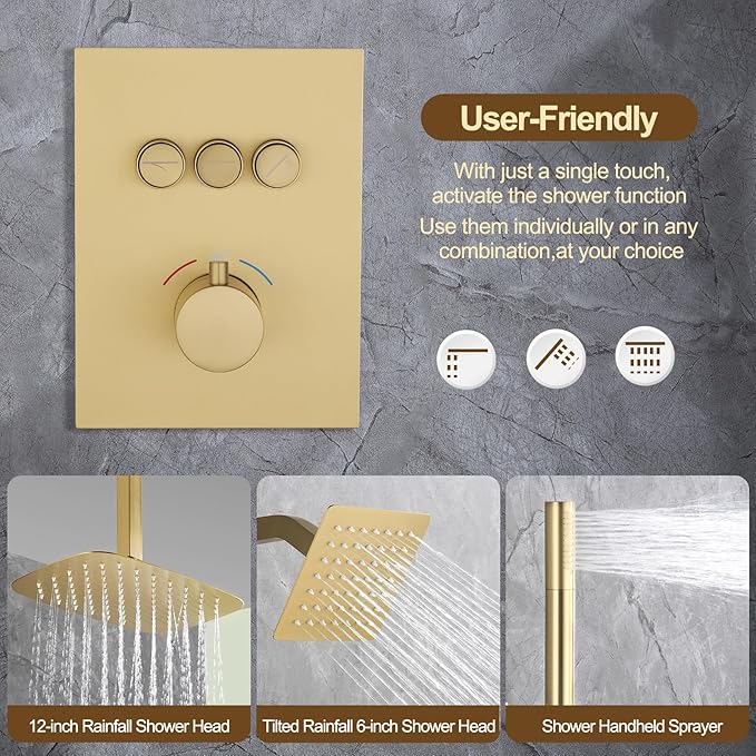 12 Inch Rain Shower System, Brushed Gold Shower Faucet Set with Push Button Diverter, 6 Inch Wall Mounted 3-Functions Bathroom Shower Systems with Dual-Function Handheld (Thermostatic, Gold Brushed)-PurrikoPets