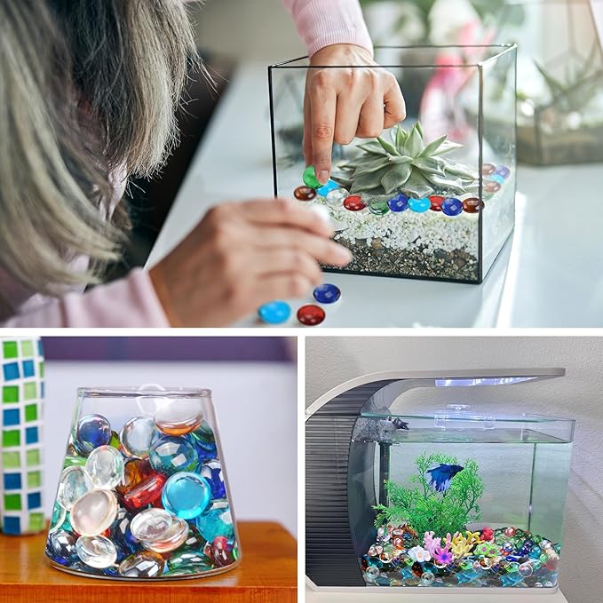 1LB Mixed Color Flat Glass Marbles for Vases, Mancala Stones Gemstone Beads Vase Filler Decorative Glass Pebbles for Fish Tank, DIY Crafts, Mosaics, Aquarium Decor Rocks, Candle Holders-PurrikoPets