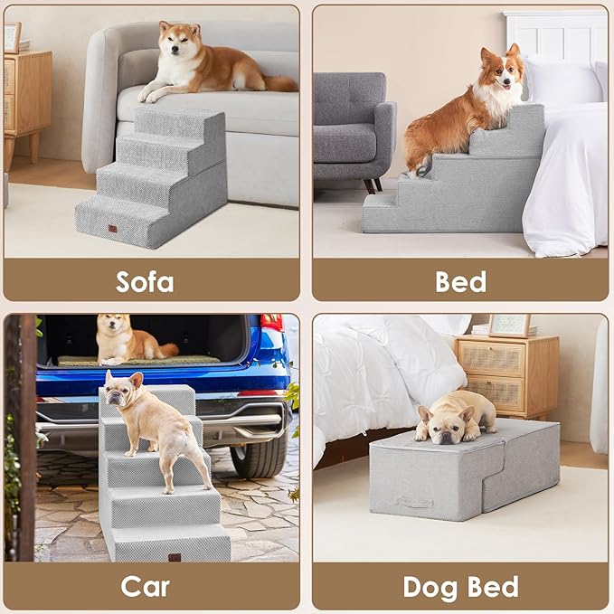 EHEYCIGA Dog Stairs for High Bed 25" H, 5-Step Extra Wide Dog Steps for Bed, Pet Steps for Small Dogs and Cats, Non-Slip Balanced Pet Ramp Indoor, Light Grey-PurrikoPets