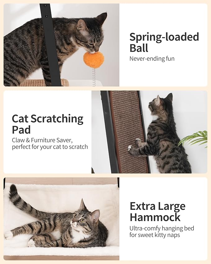 FourFurPets Modern Cat Tree, 58-Inch Cat Tower for Large Cats, Maine Coon Cat Tree with Scratching Board, Large Perch, Hammock and Removable Pads, Greige-PurrikoPets