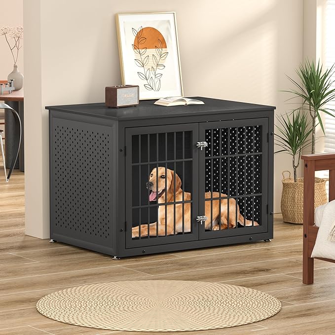 42" Heavy Duty Dog Crate Furniture for Large and Medium Dogs, Enclosed Design Wooden Metal Kennel, Wooden Cage Furniture Indoor, Decorative Dog Kennel End Table-PurrikoPets