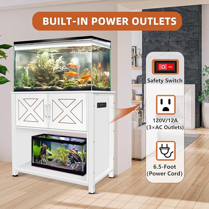40 Gallon Tank Stand with Cabinet and Power Outlets, Heavy Duty Metal Aquarium Stand for 40-50 Gallon Breeder Tank, Turtle Tank, Double Terrarium Stand, 660LBS Capacity, White-PurrikoPets