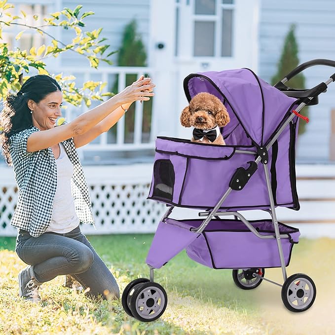 Dog Stroller,3 Wheels Travel Folding Pet Strollers for Small Medium Dog Cat Jogger Stroller with Storage Basket Removable Liner Purple-PurrikoPets