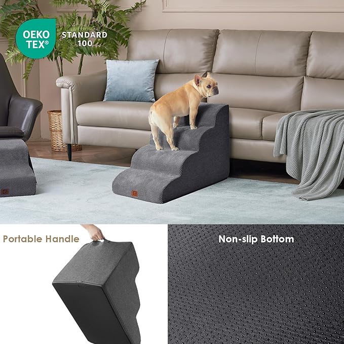 EHEYCIGA Curved Dog Stairs Ramp for High Beds 19.7" H, 4-Step Dog Steps for Small Dogs and Cats, Pet Stairs for High Bed Climbing, Non-Slip Balanced Pet Step Indoor, Grey-PurrikoPets