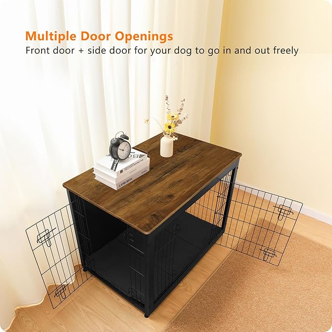 DWANTON Dog Crate Furniture with Cushion, Wooden Kennel Table with Double Doors, Indoor Dog House, Large Size, 38.5" L, Black+Warm Brown-PurrikoPets